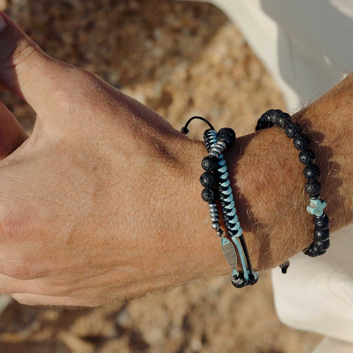 Handmade Bracelet For Men with Lava & Cross