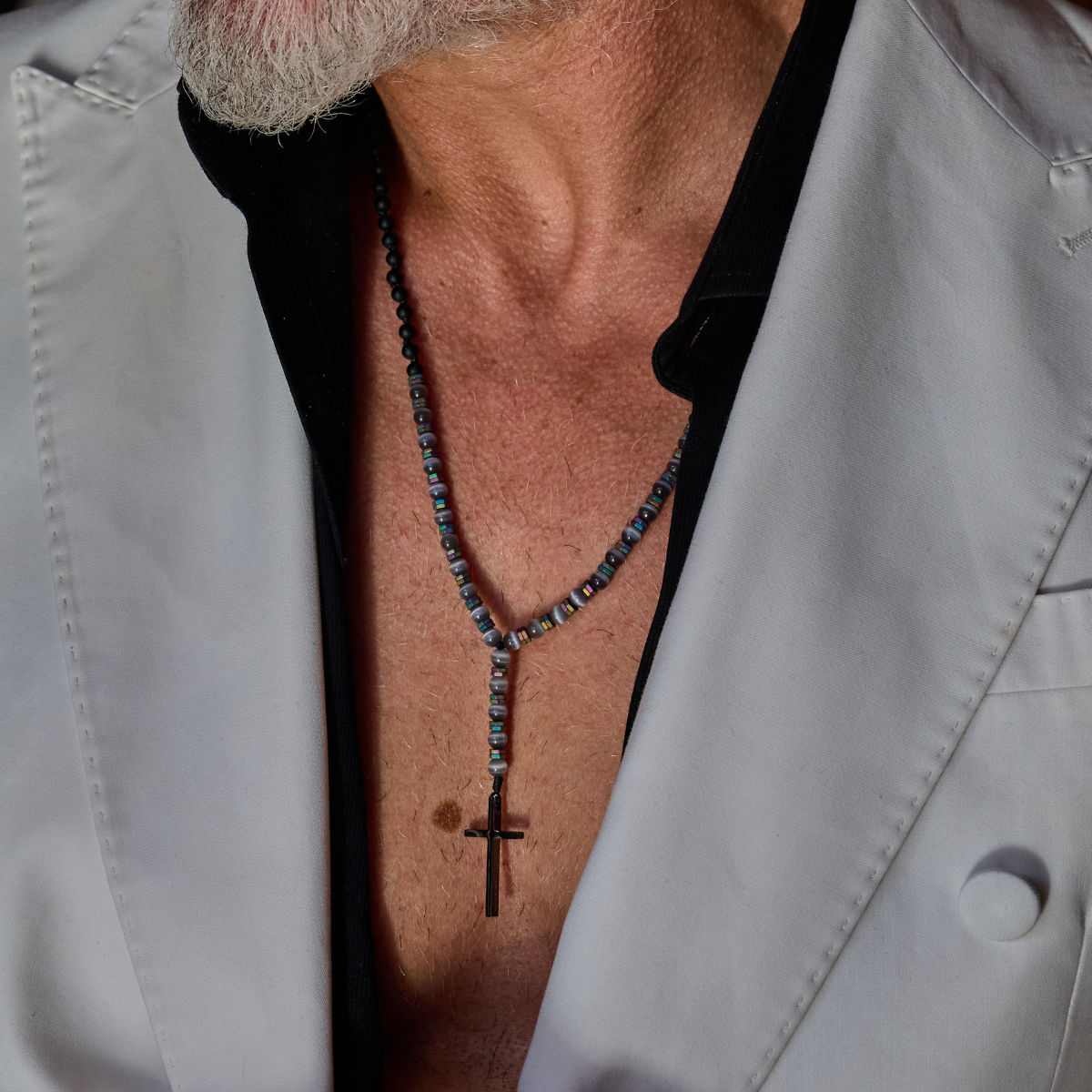 Handmade Rosary Necklace for Men with Onyx & Cat's Eye