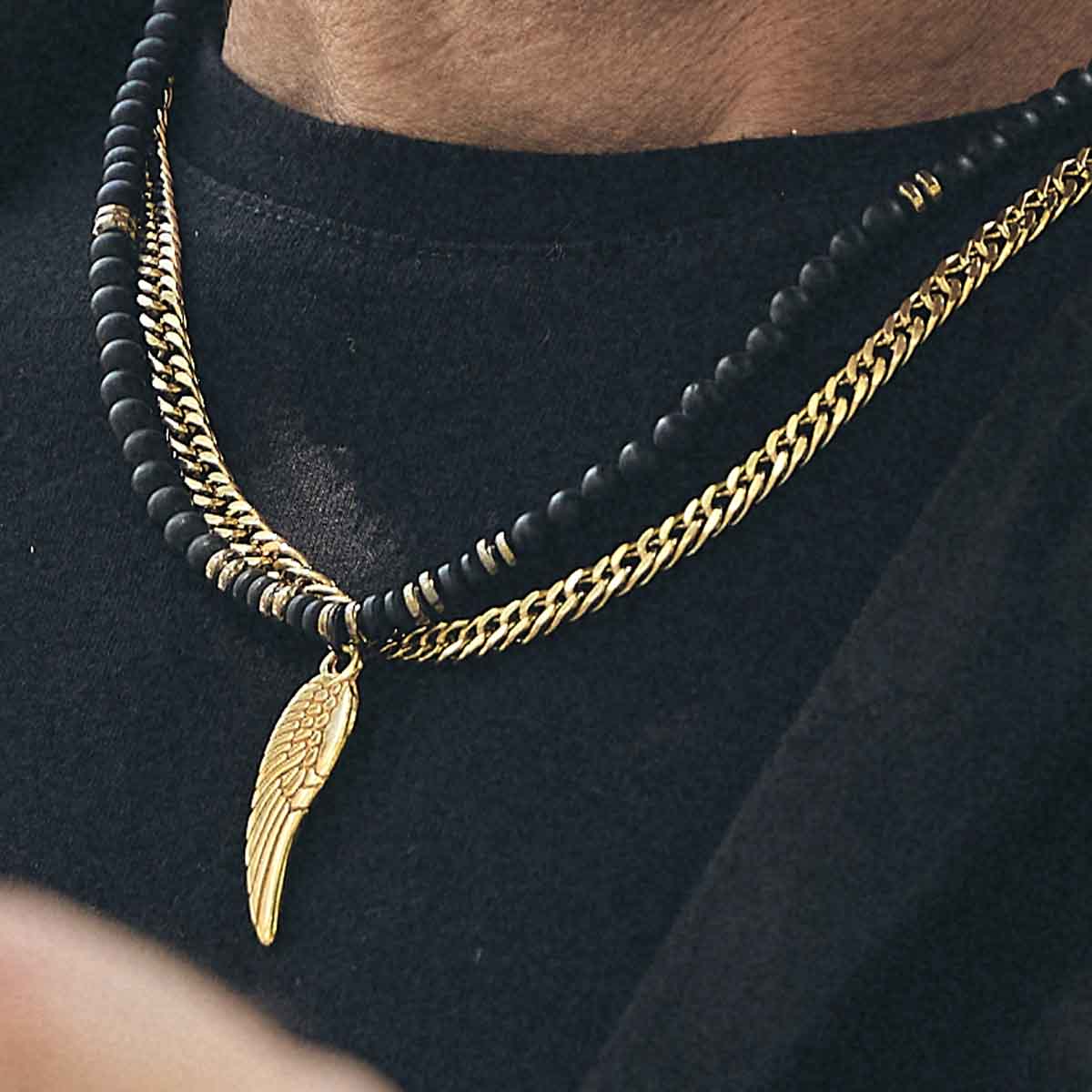 Handmade Necklace for Men with Onyx, Hematite & Feather