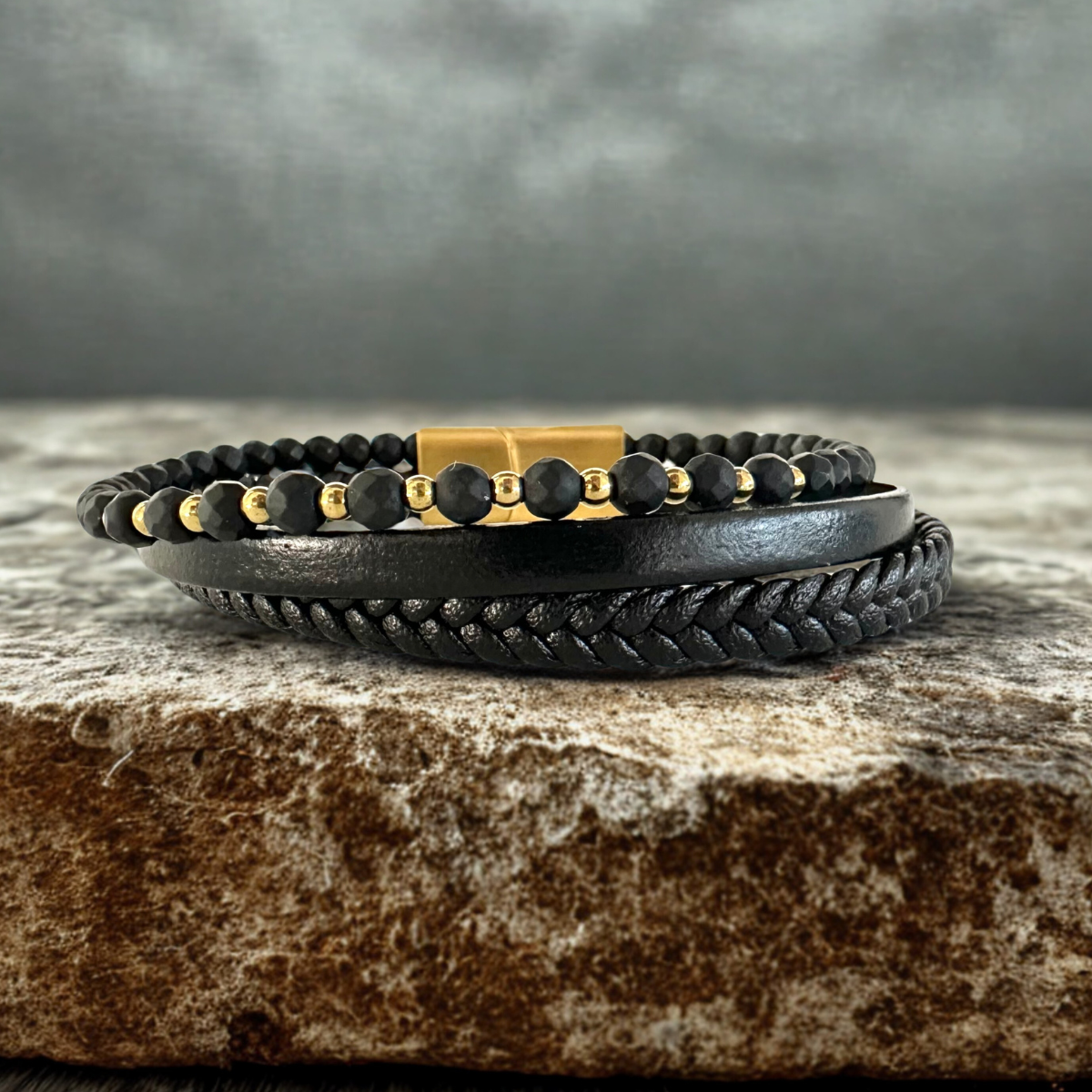 Handmade Leather Bracelet For Men with Onyx