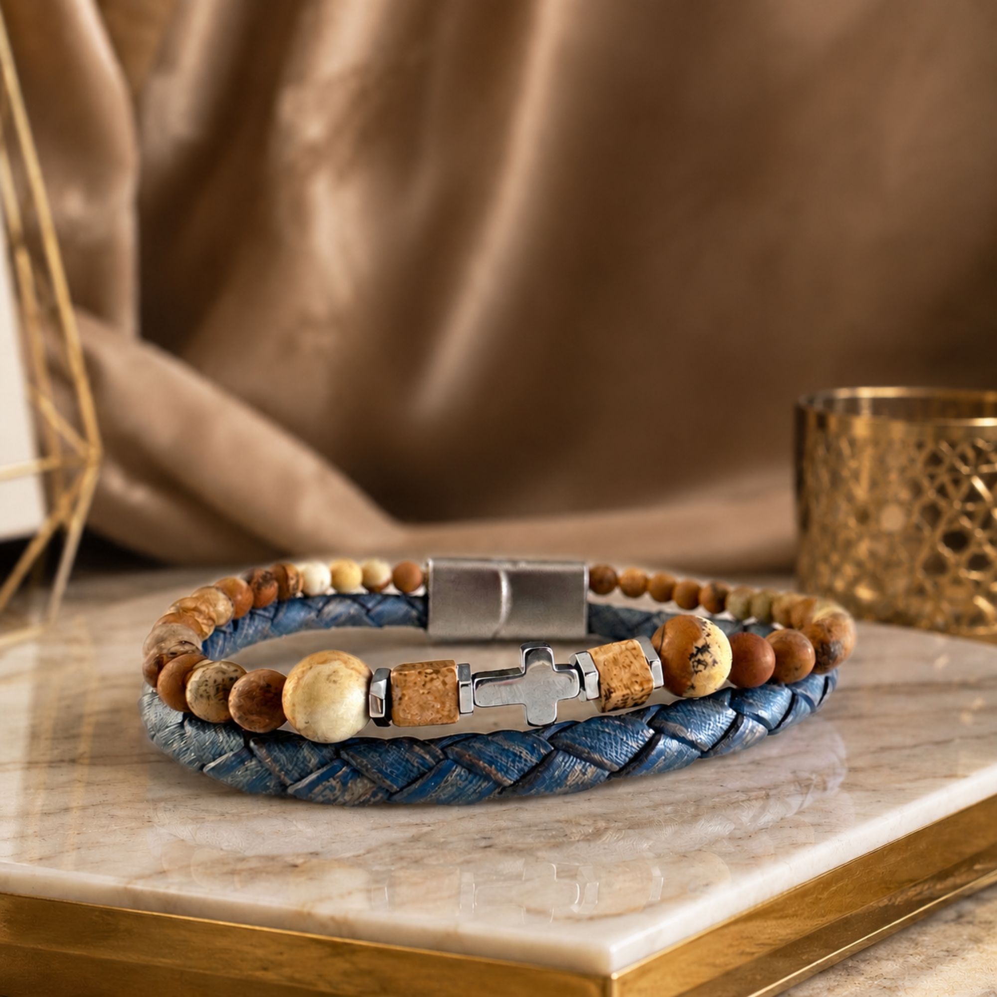 Men's Handmade Leather Bracelet with Jasper and Cross