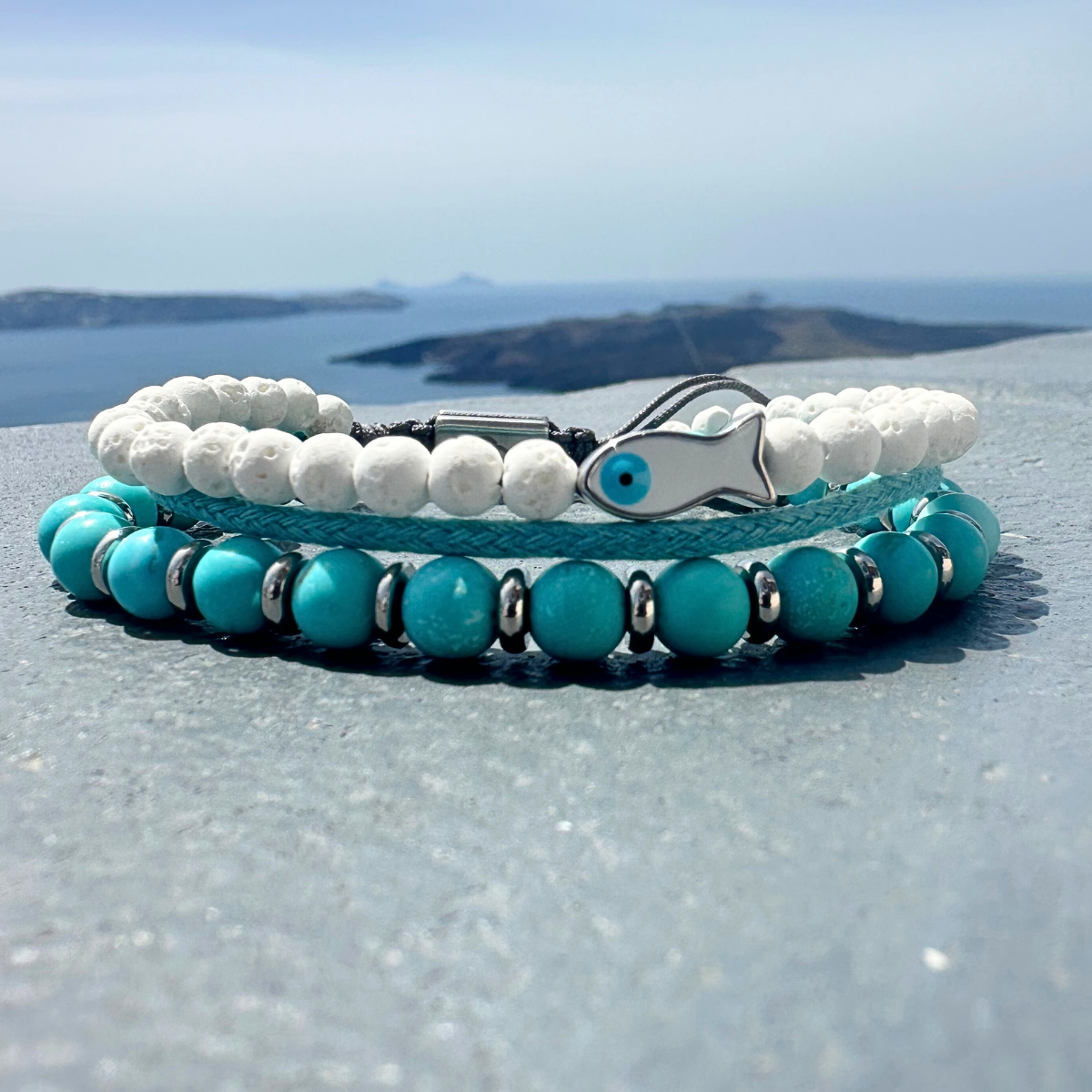 Men's Handmade Multi-Line Bracelet with Steel Fish with Evil Eye.
