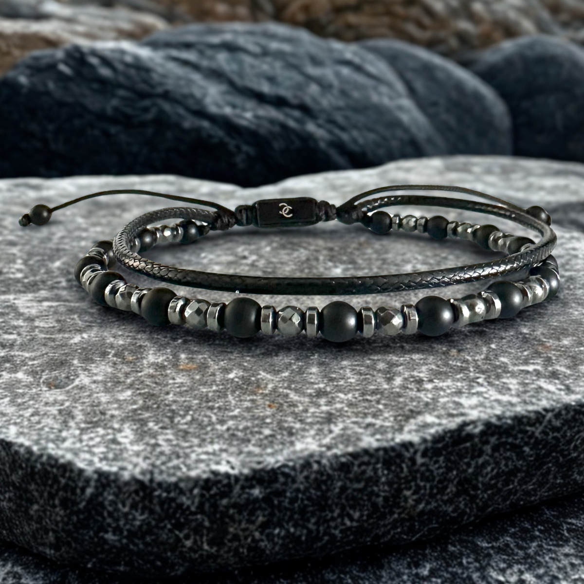 Handmade Multi-Line Bracelet For Men with Onyx and Black Cord