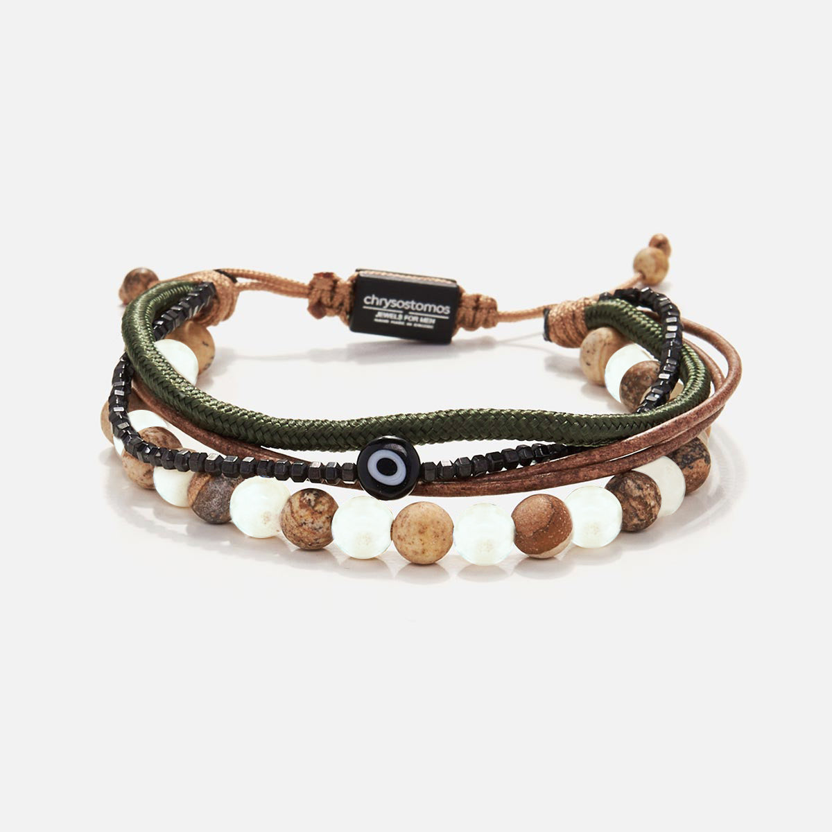 Handmade Multi-Line Bracelet For Men with Evil Eye & Jasper