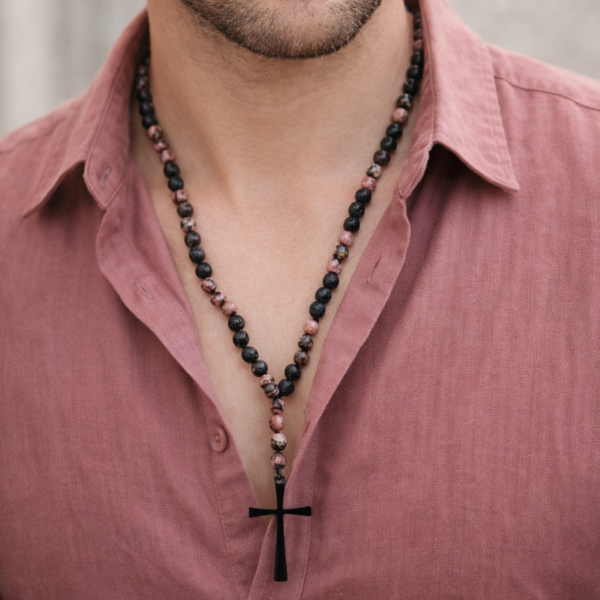 Men's & Women's Handmade Rosary with Rhodonite & Lava