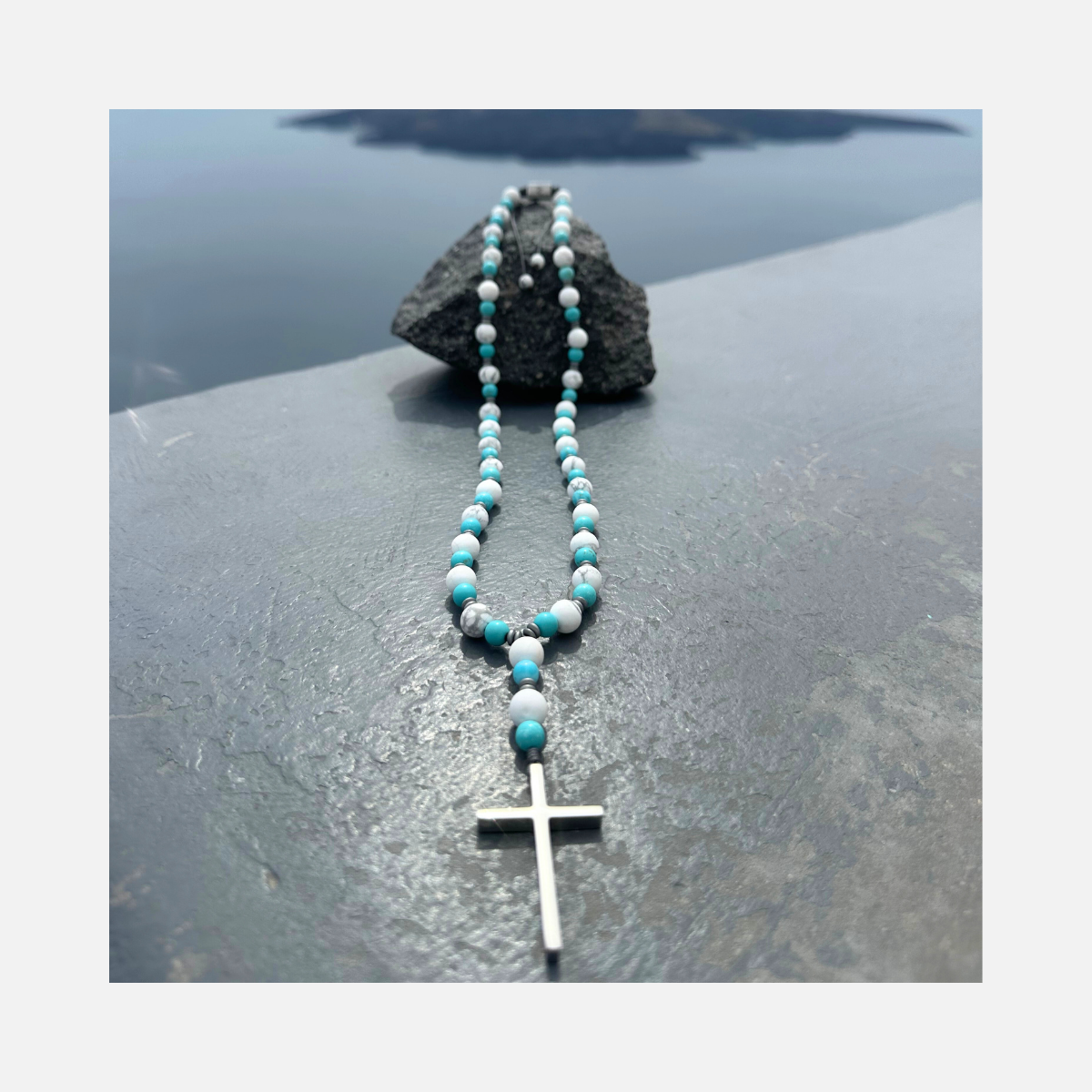 Men's Handmade Rosary Necklace with White Howlite & Turquoise Howlite.