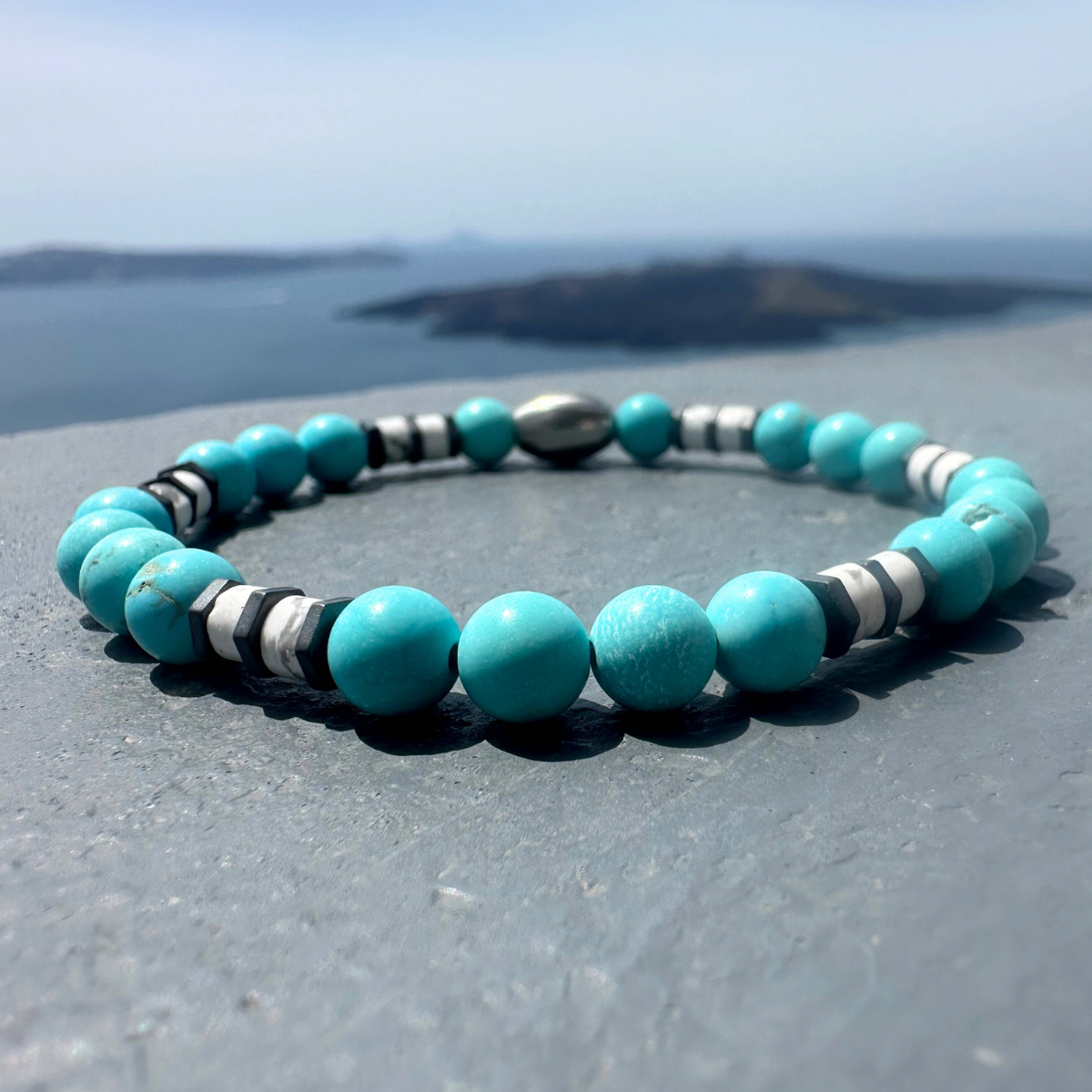 Men's Handmade Bracelet With Natural Mineral Stones of Turquoise Howlite ,White Howlite Washers & Gray Hematite Washers.