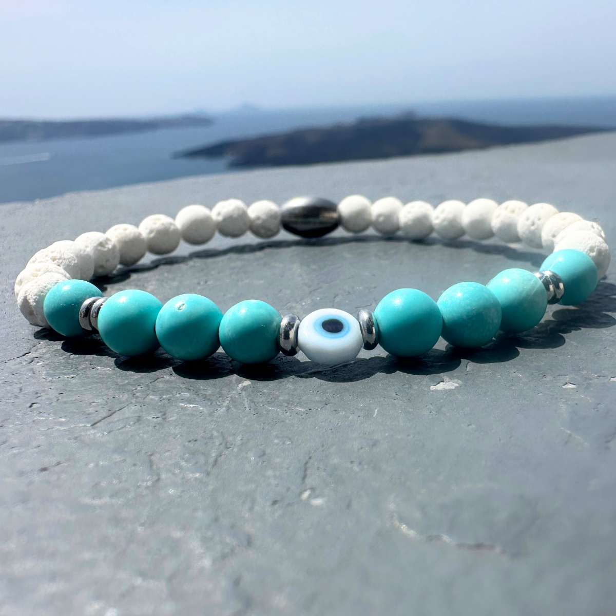 Men's Handmade Bracelet With Natural Mineral Stones, Turquoise Howlite, White Lava & White Evil Eye.
