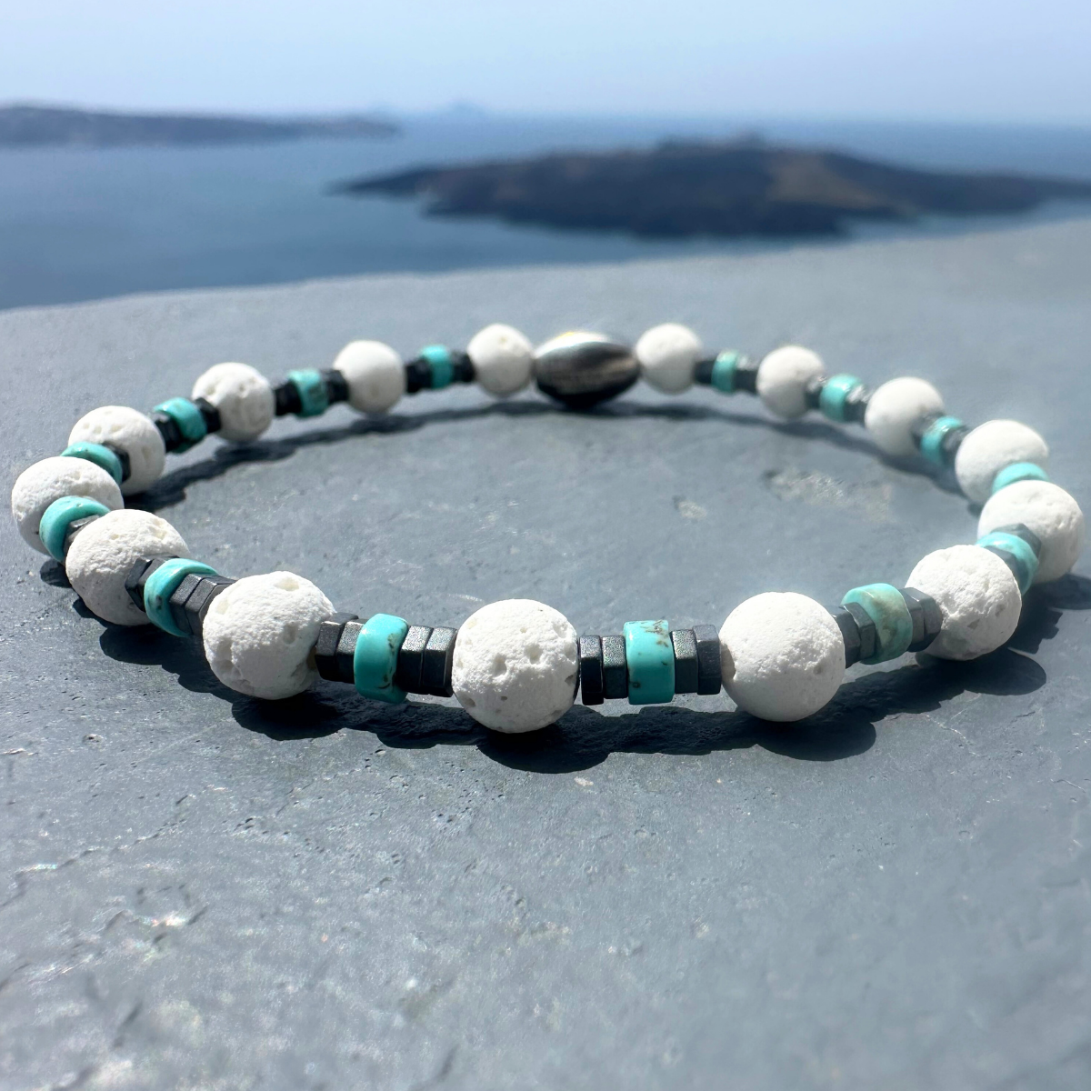 Men's Handmade Bracelet With Natural Mineral Stones, White Lava, Turquoise Howlite & Gray Hematite.