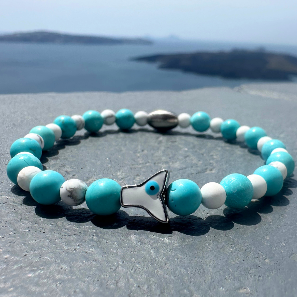 Men's Handmade Bracelet With Natural Mineral Stones White & Turquoise Howlite and Steel Fish Tail.