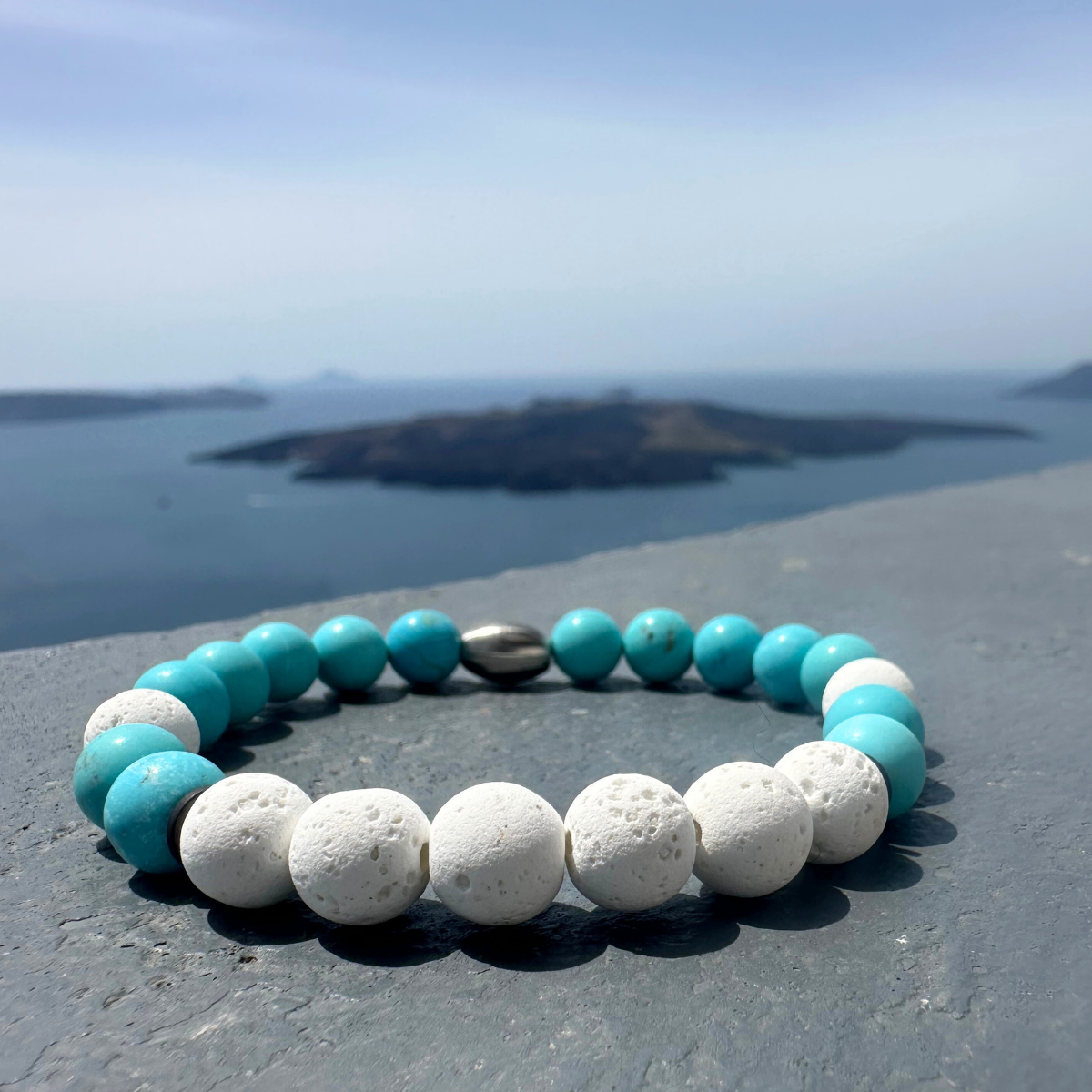 Men’s Handmade Bracelet With Natural Mineral Stones, Turquoise Howlite, White Lava & Gray Hematite.