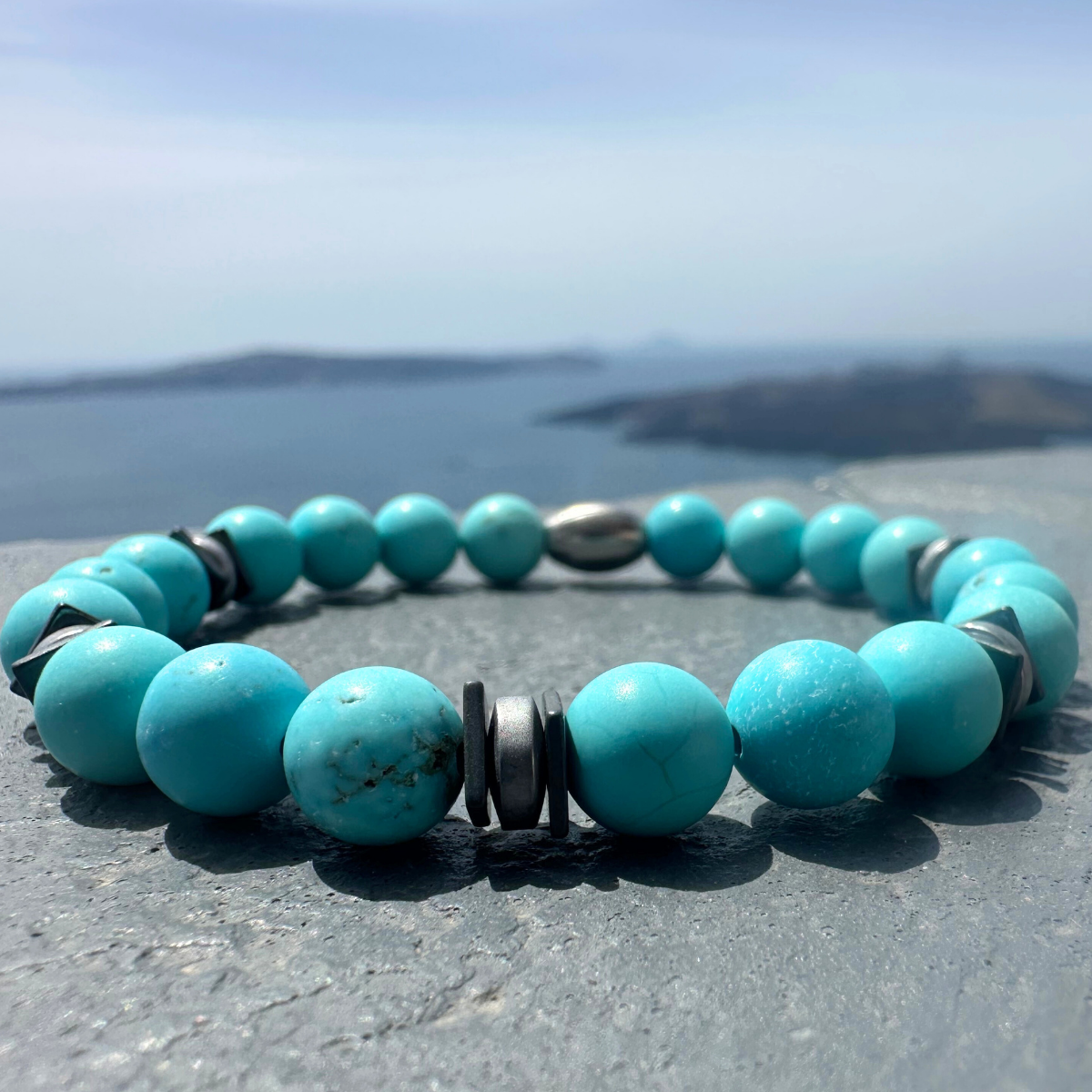 Men’s Handmade Bracelet With Natural Mineral Stones, Turquoise Howlite, Gray & Silver Hematite.