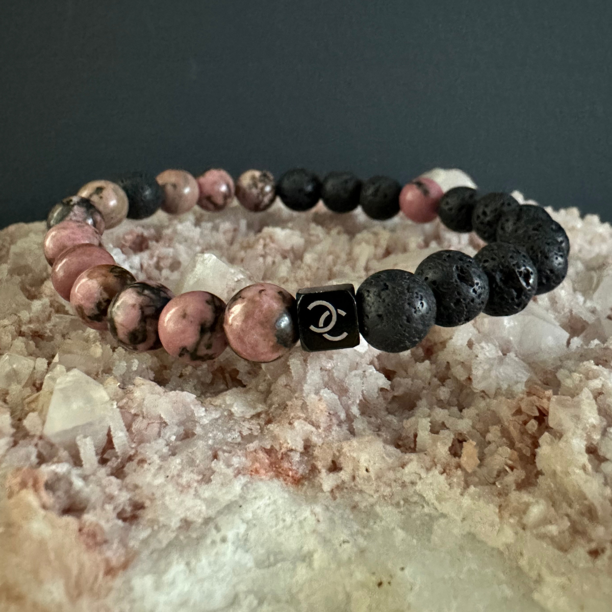 Men's Handmade Bracelet with Lava and Rodonite