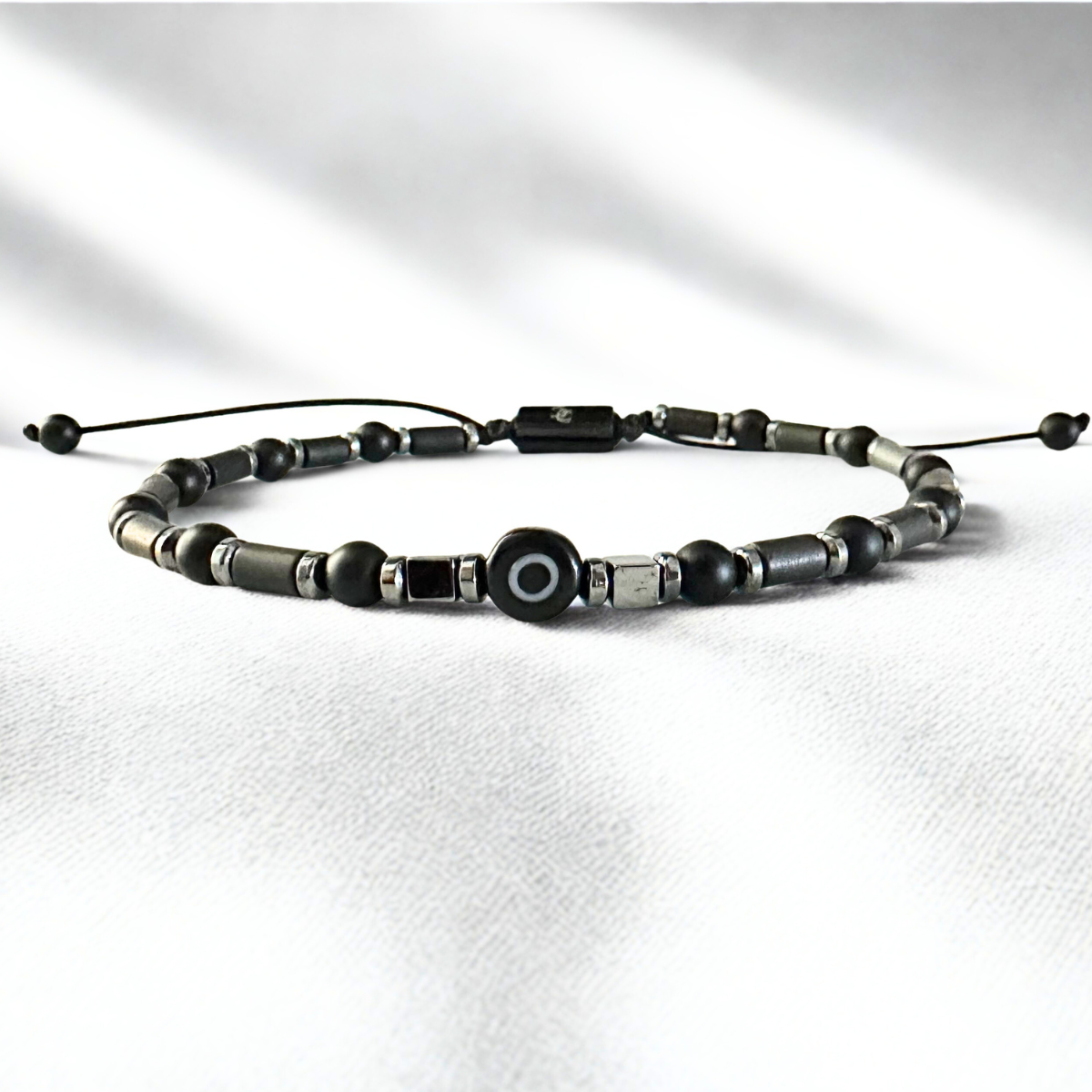 Men's Handmade Bracelet with Onyx, Hematite & Evil Eye