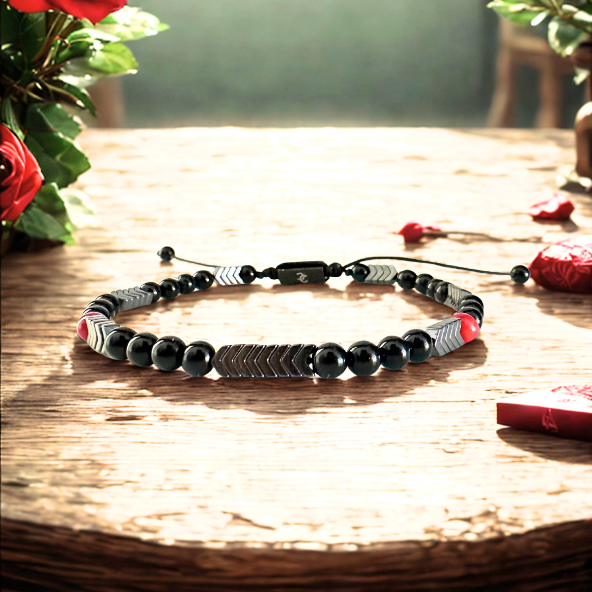 Men's Handmade Bracelet with Shiny Onyx, Hematite & Red Haolite