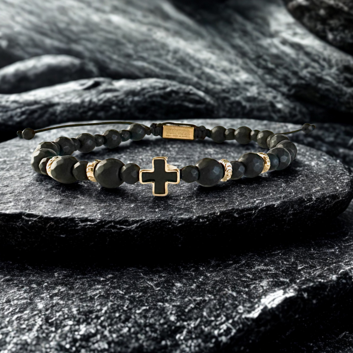 Men's Handmade Bracelet with Onyx & Steel Black-Gold Cross