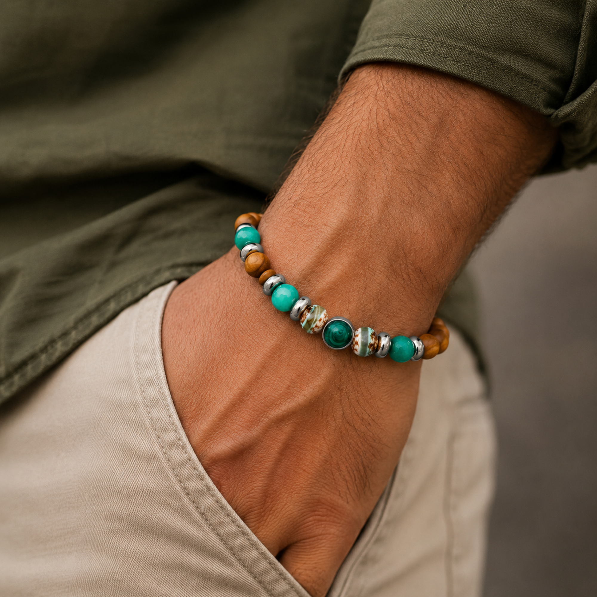 Men's Handmade Bracelet with Tibetan Agate and Steel Cross