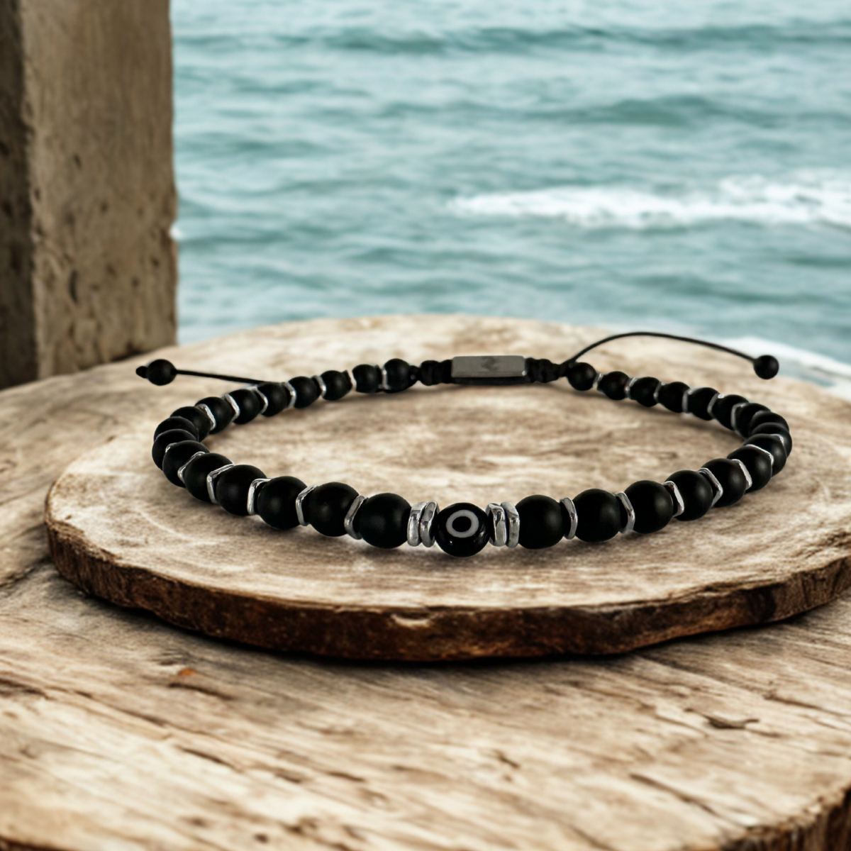 Men's Handmade Bracelet with Onyx, Hematite & Evil Eye