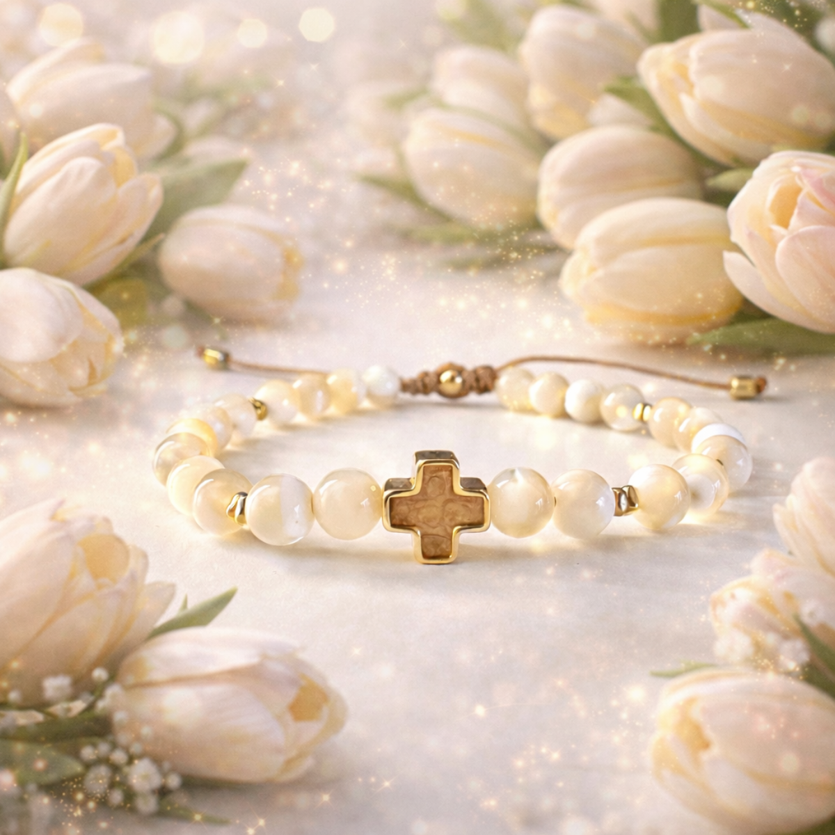 Handmade Women's Bracelet with Mother-of-pearl and Stainless Steel Cross 316L