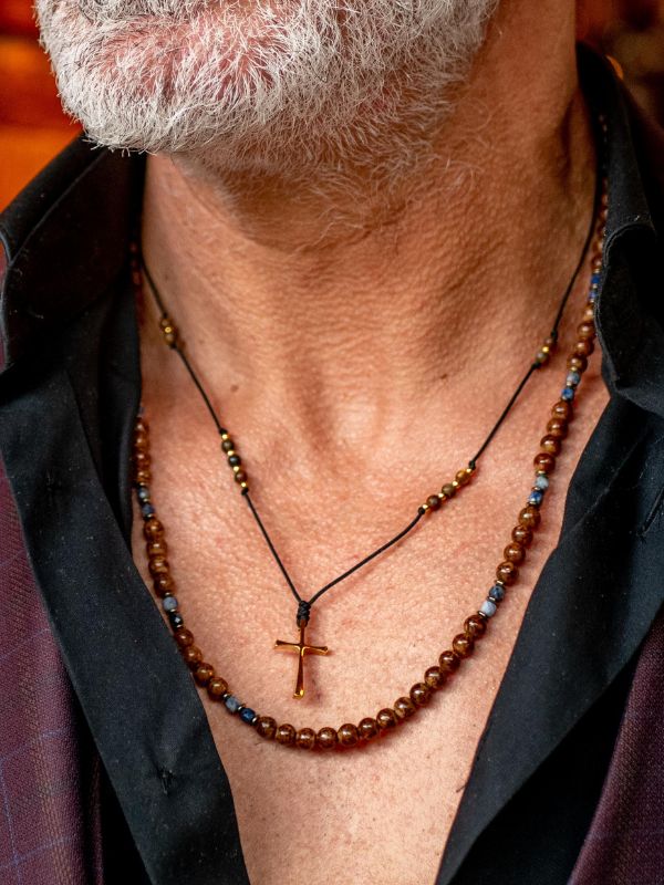 Handmade Necklace for Men with Tiger's Eye & Cross