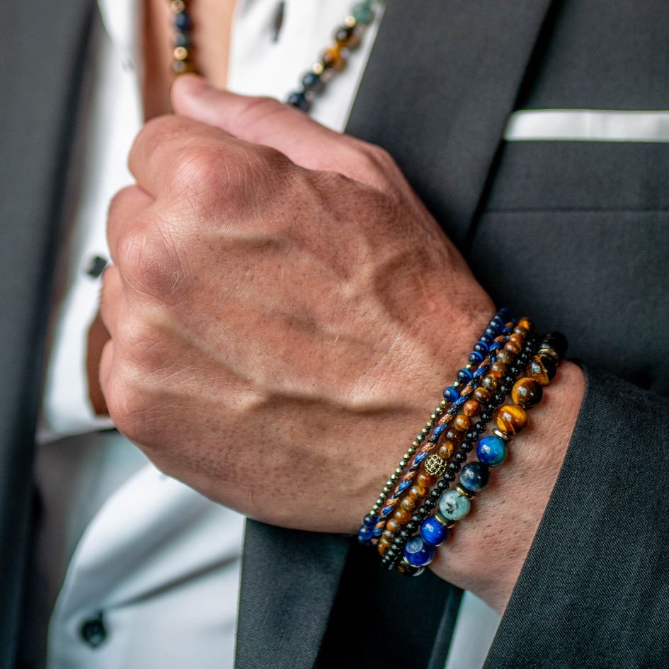 Handmade Multi-Line Bracelet For Men with Tiger's Eye & Cat's Eye