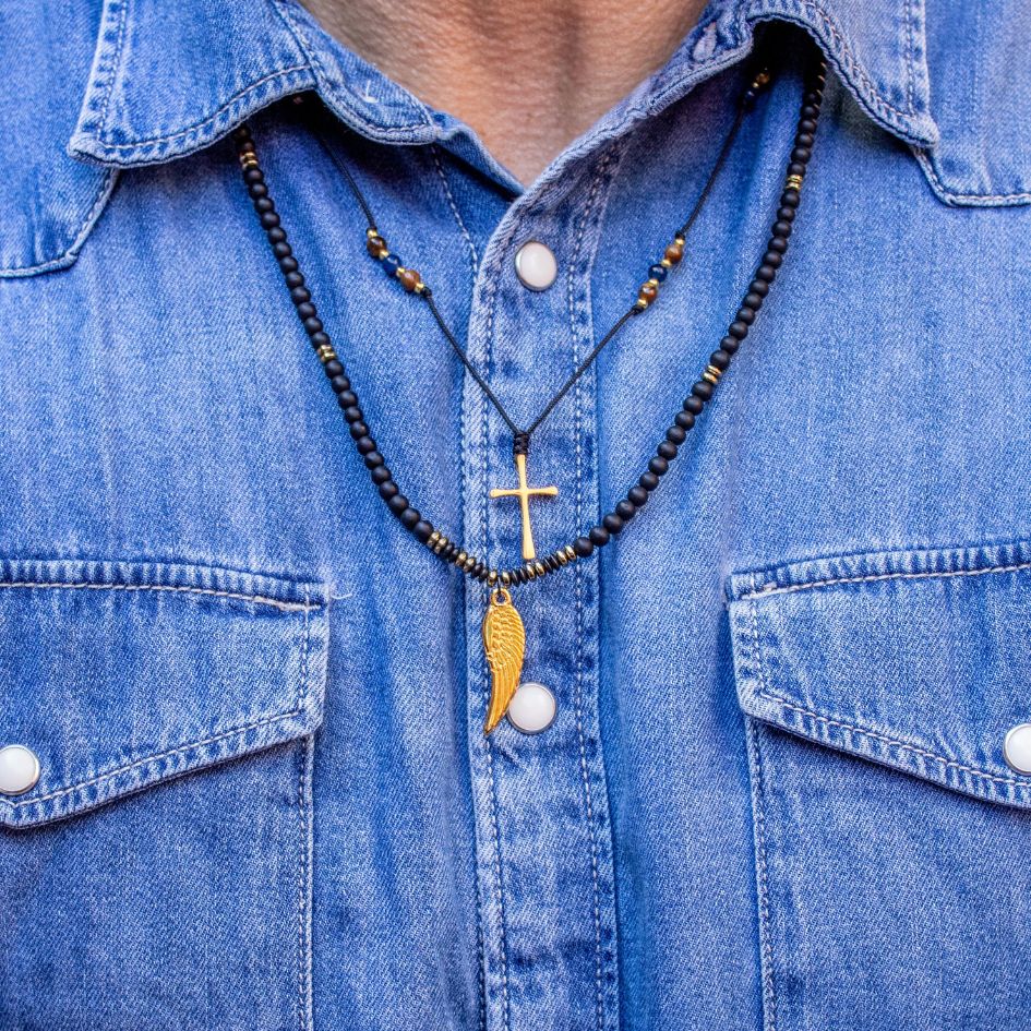 Handmade Necklace for Men with Tiger's Eye, Agate & Cross