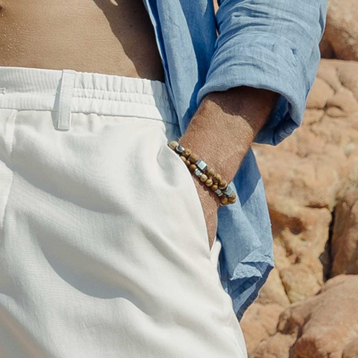 Handmade Bracelet For Men with Jasper, Agate & Hemitate