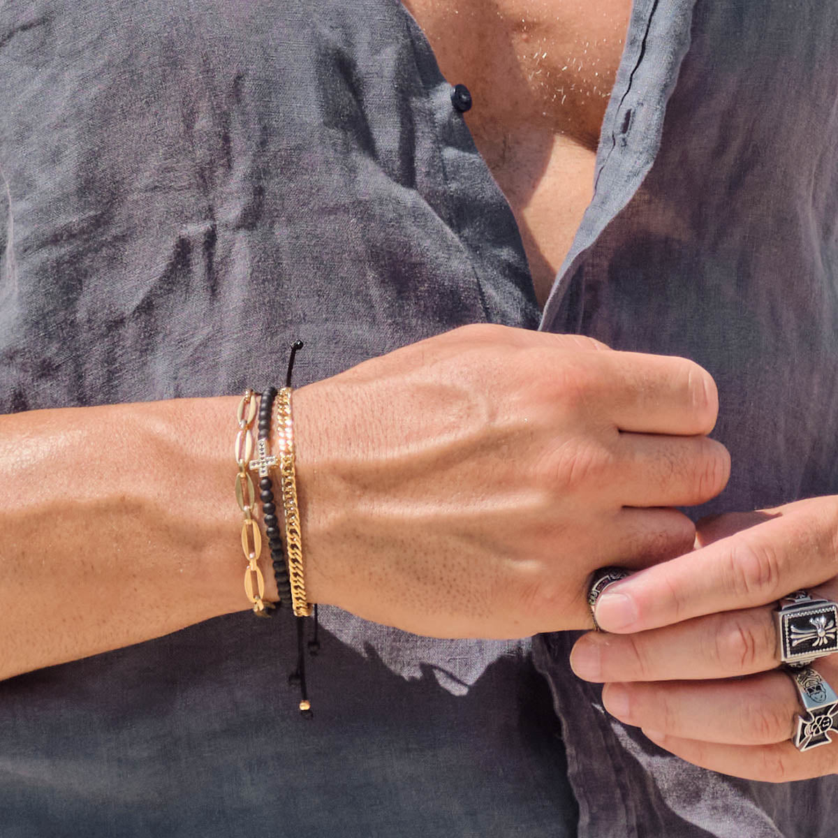 Handmade Bracelet for Men with Onyx & Cross