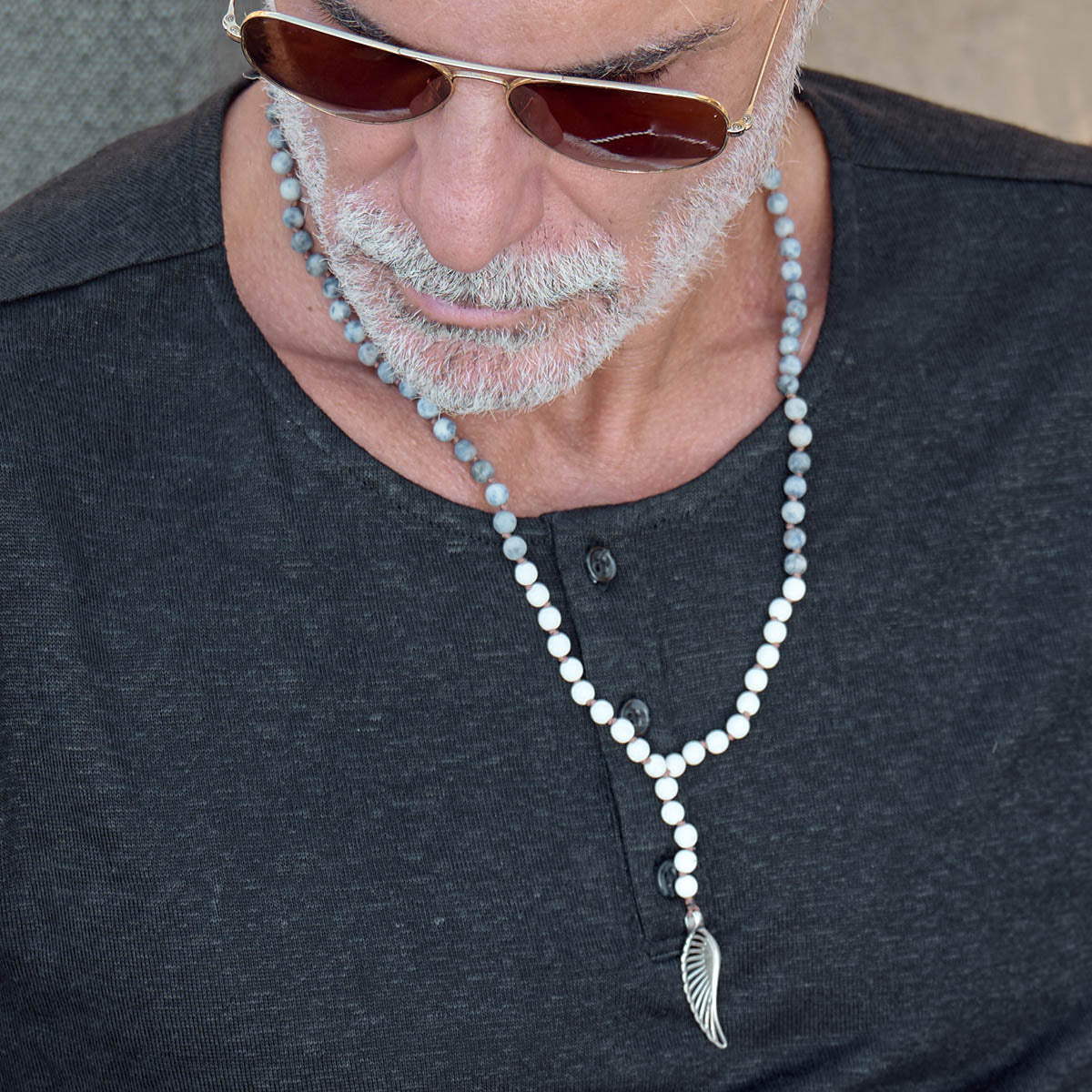 Handmade Rosary Necklace for Men with Lava & Chaolite
