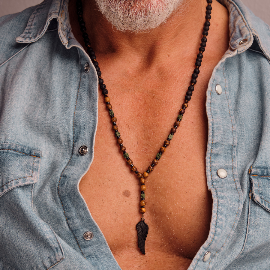 Handmade Necklace for Men with Lava & Tibetan Agate