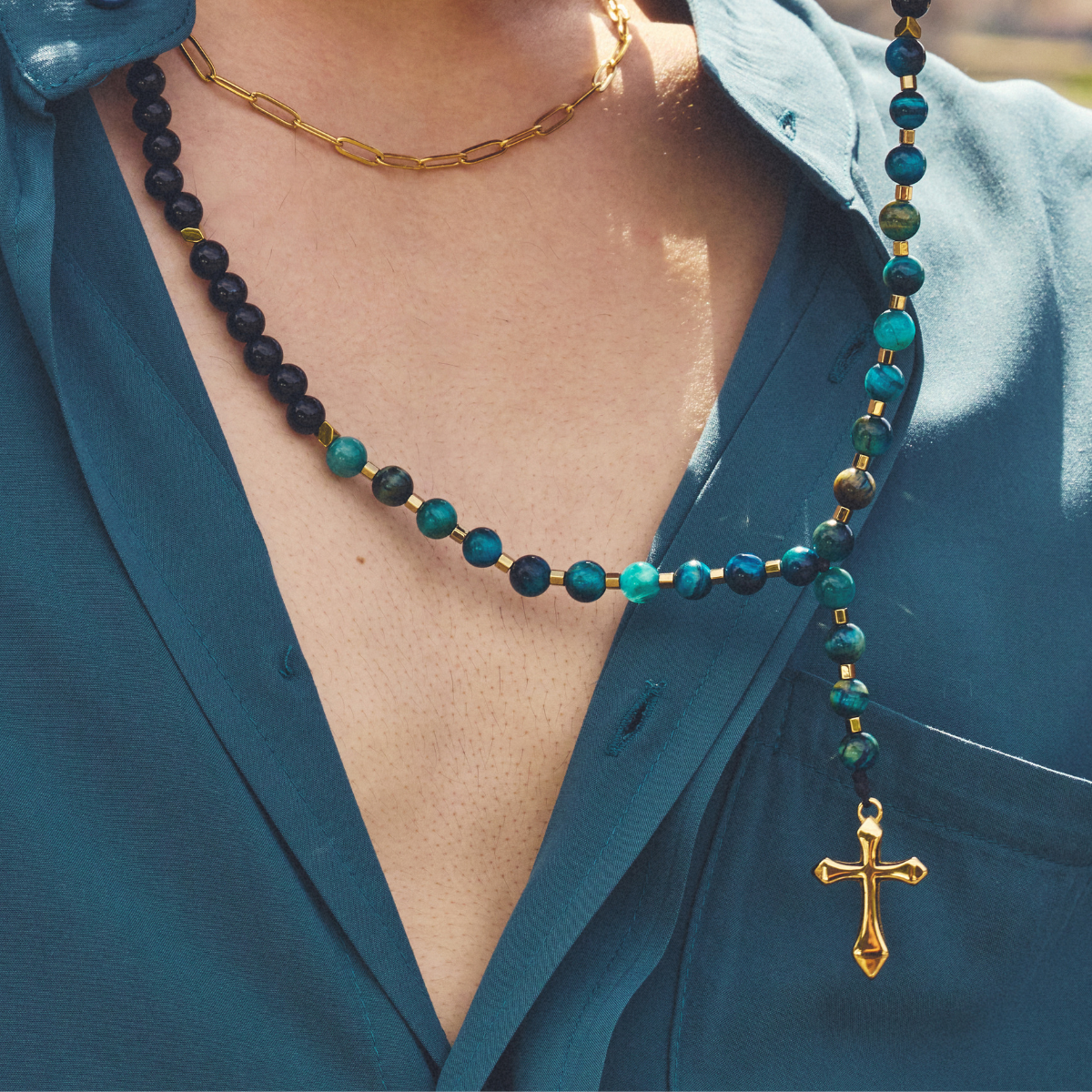 Handmade Rosary Necklace for Men with Onyx & Tiger's Eye