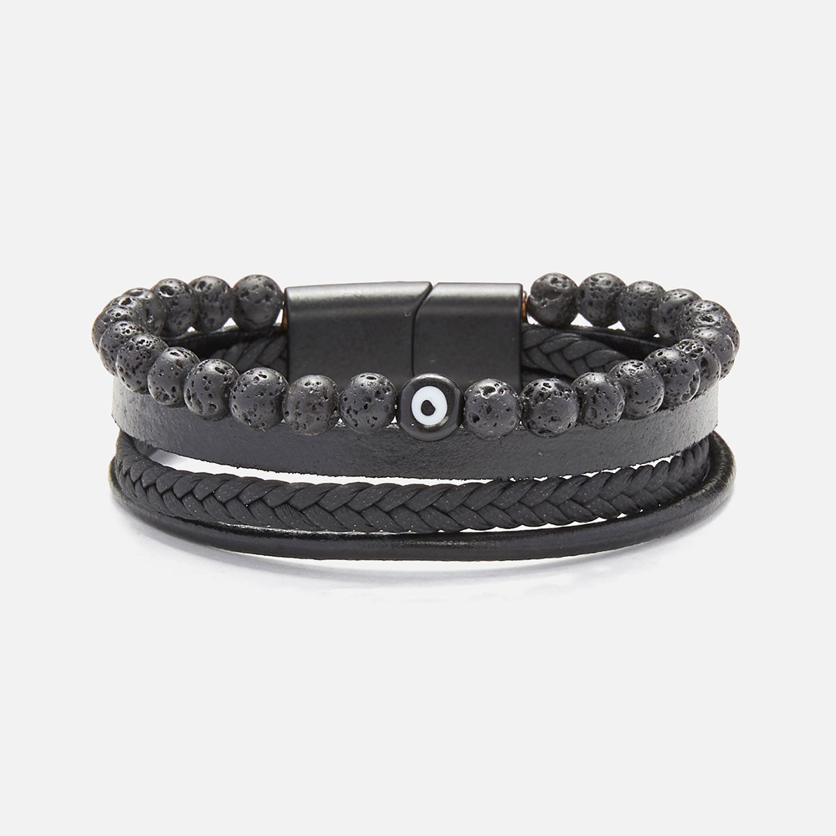 Handmade Leather Bracelet For Men with Lava & Evil Eye