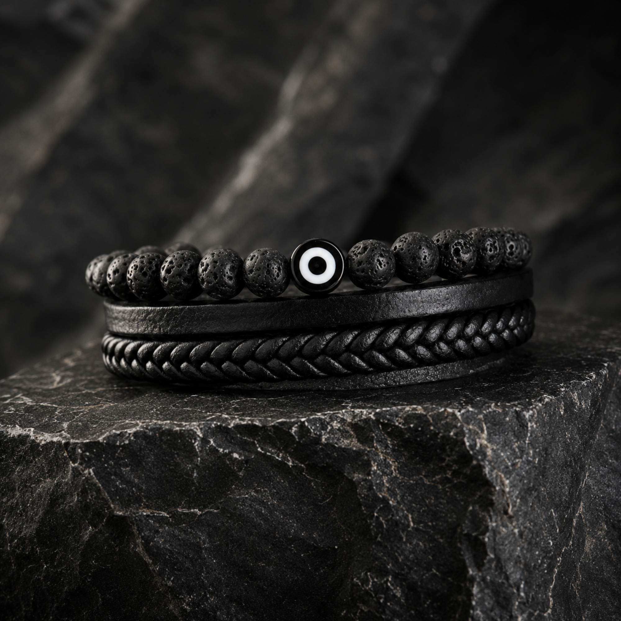 Handmade Leather Bracelet For Men with Lava & Evil Eye