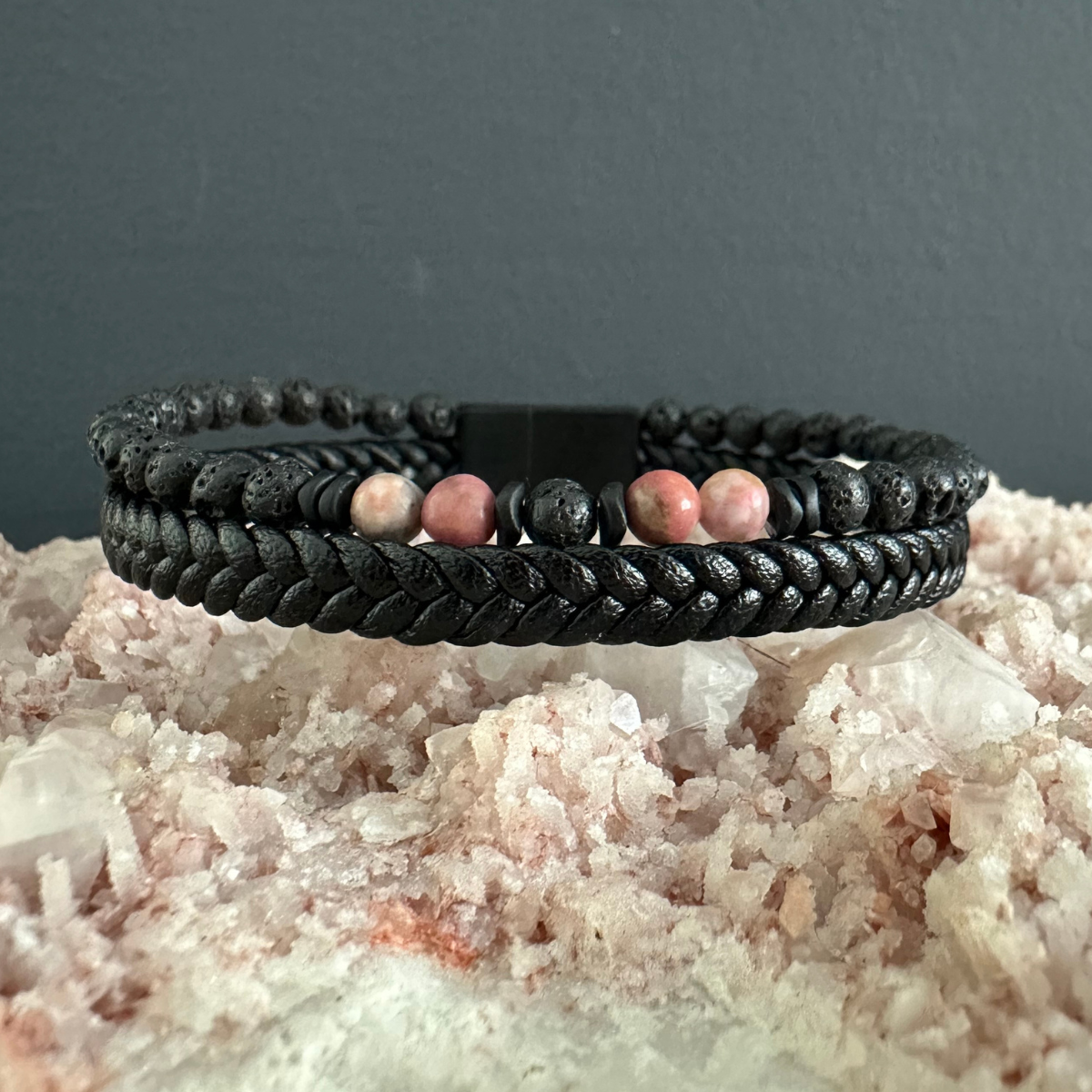 Men's Handmade Leather Bracelet with Black Lace Rhodonite