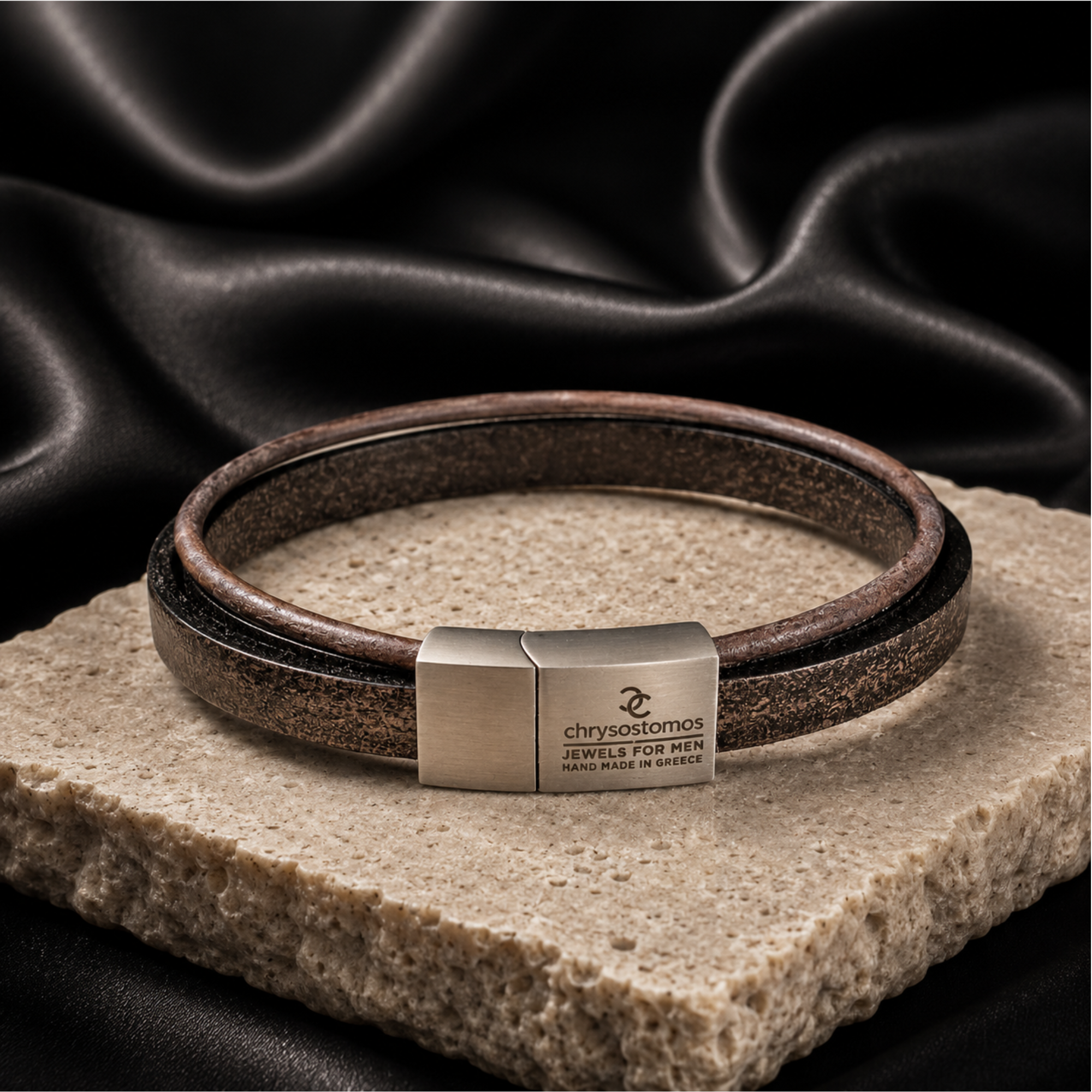 Men's Handmade Leather Bracelet with Riverstone and Amazon