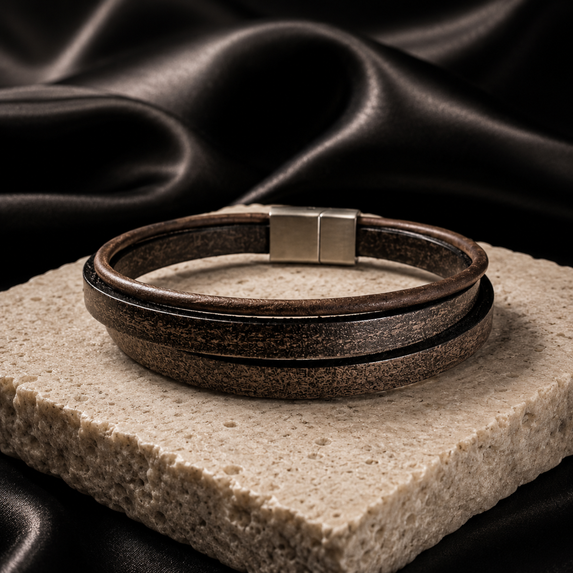 Men's Handmade Leather Bracelet with Riverstone and Amazon