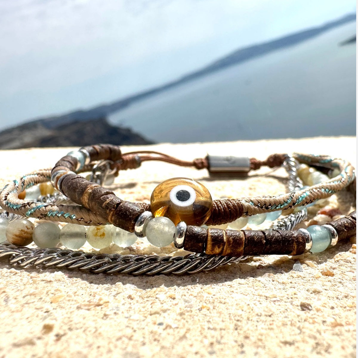 Men's Handmade Multi-line Bracelet with Blue Calcite & Evil Eye