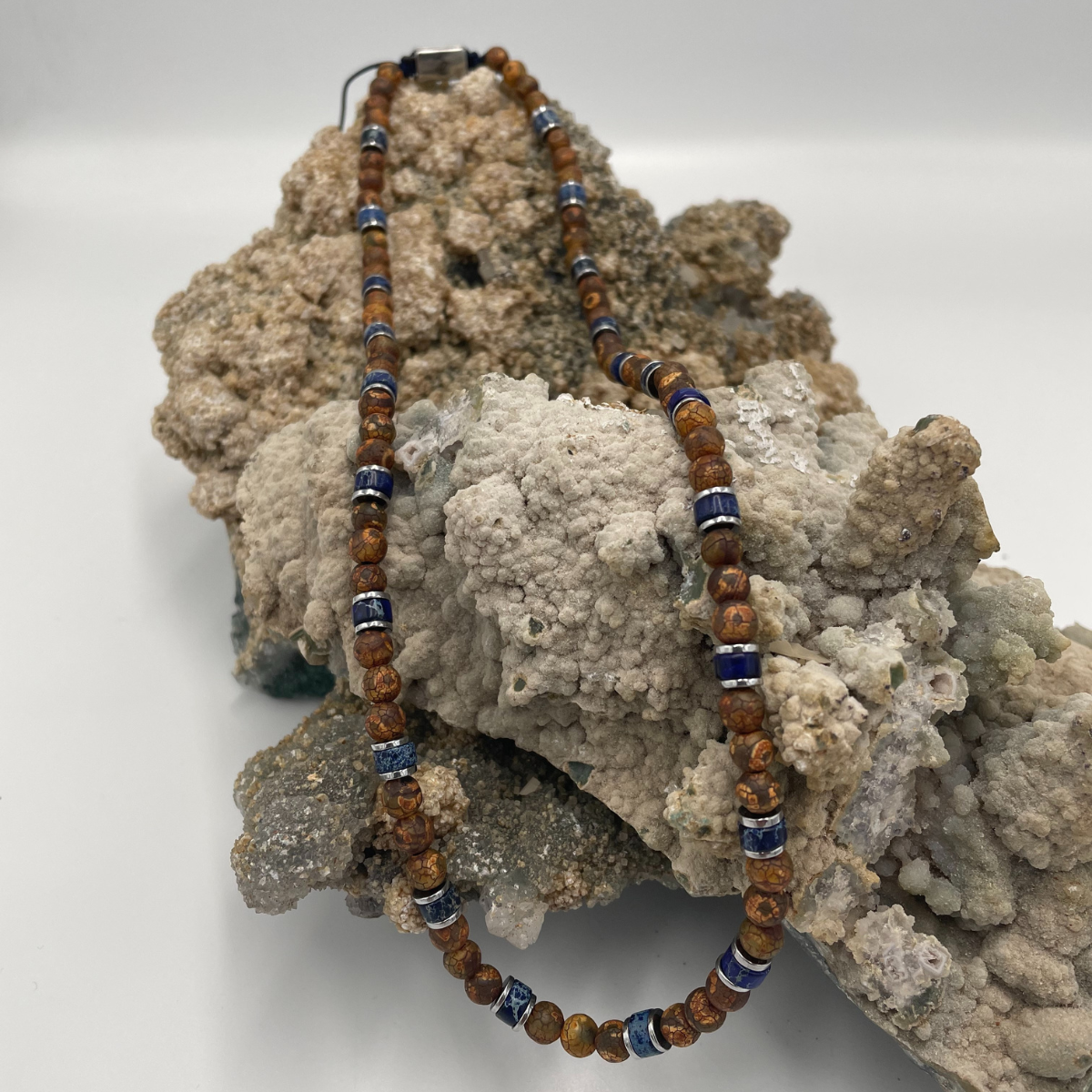 Handmade Necklace for Men with Tibetan Agate & Bleu Lapis