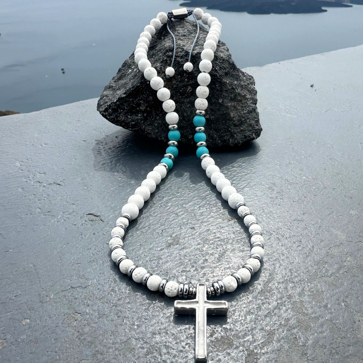 Men's Handmade Rosary Necklace with Lava & Chaolite.