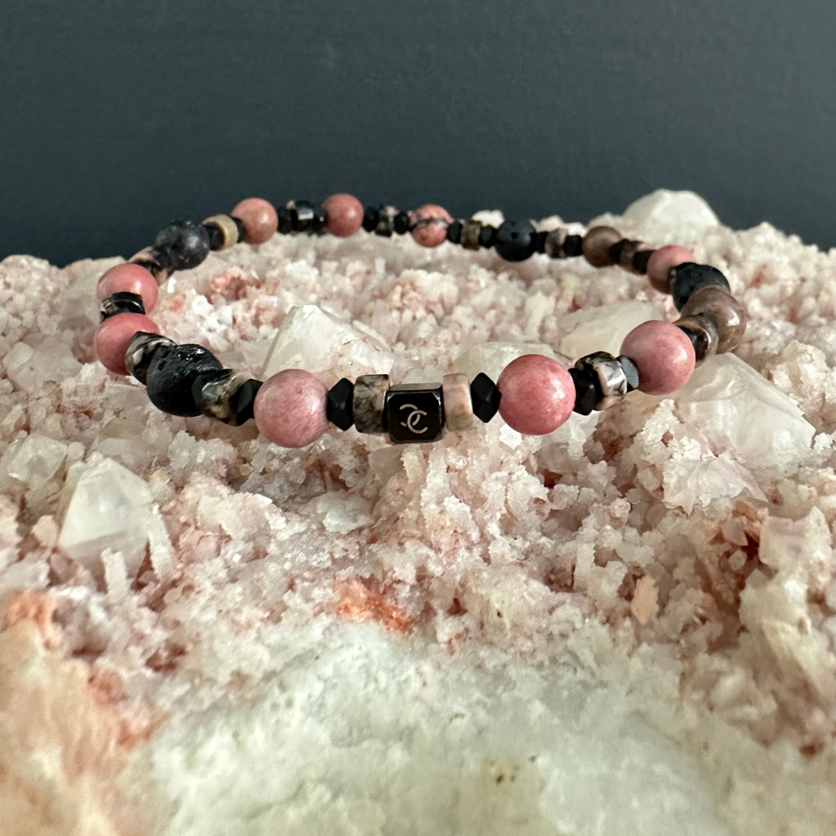 Men's Handmade Bracelet with Rodonite, Lava & Hematite