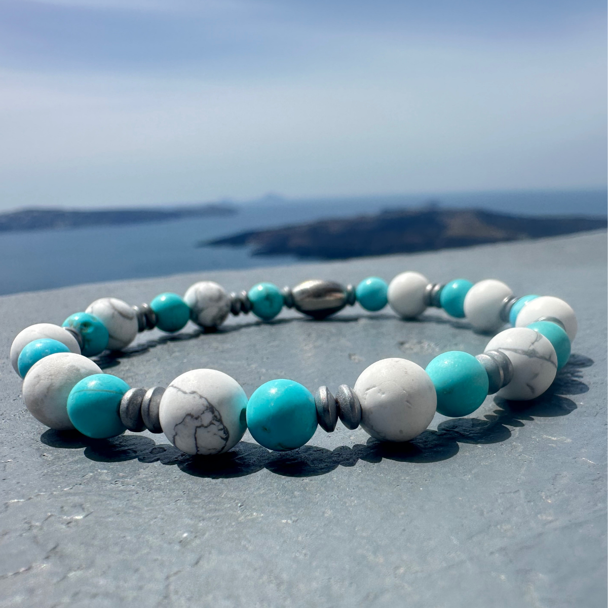 Men’s Handmade Bracelet With Natural Mineral Stones, White Howlite & Turquoise Howlite with Gray Hematite.