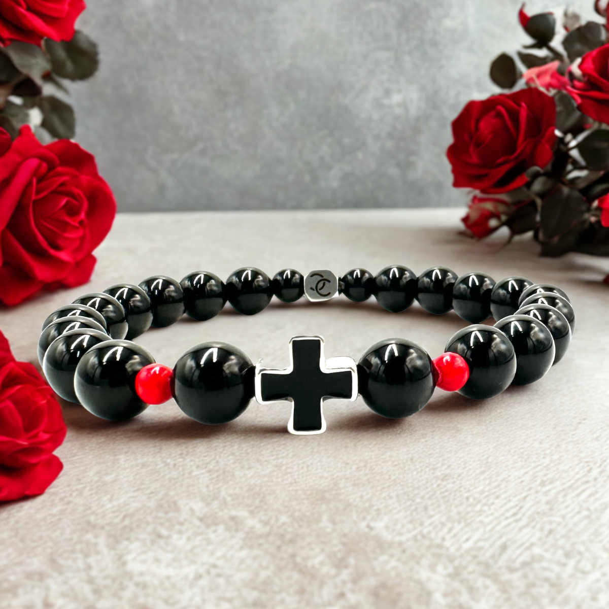 Handmade Bracelet For Men with Onyx & Cross