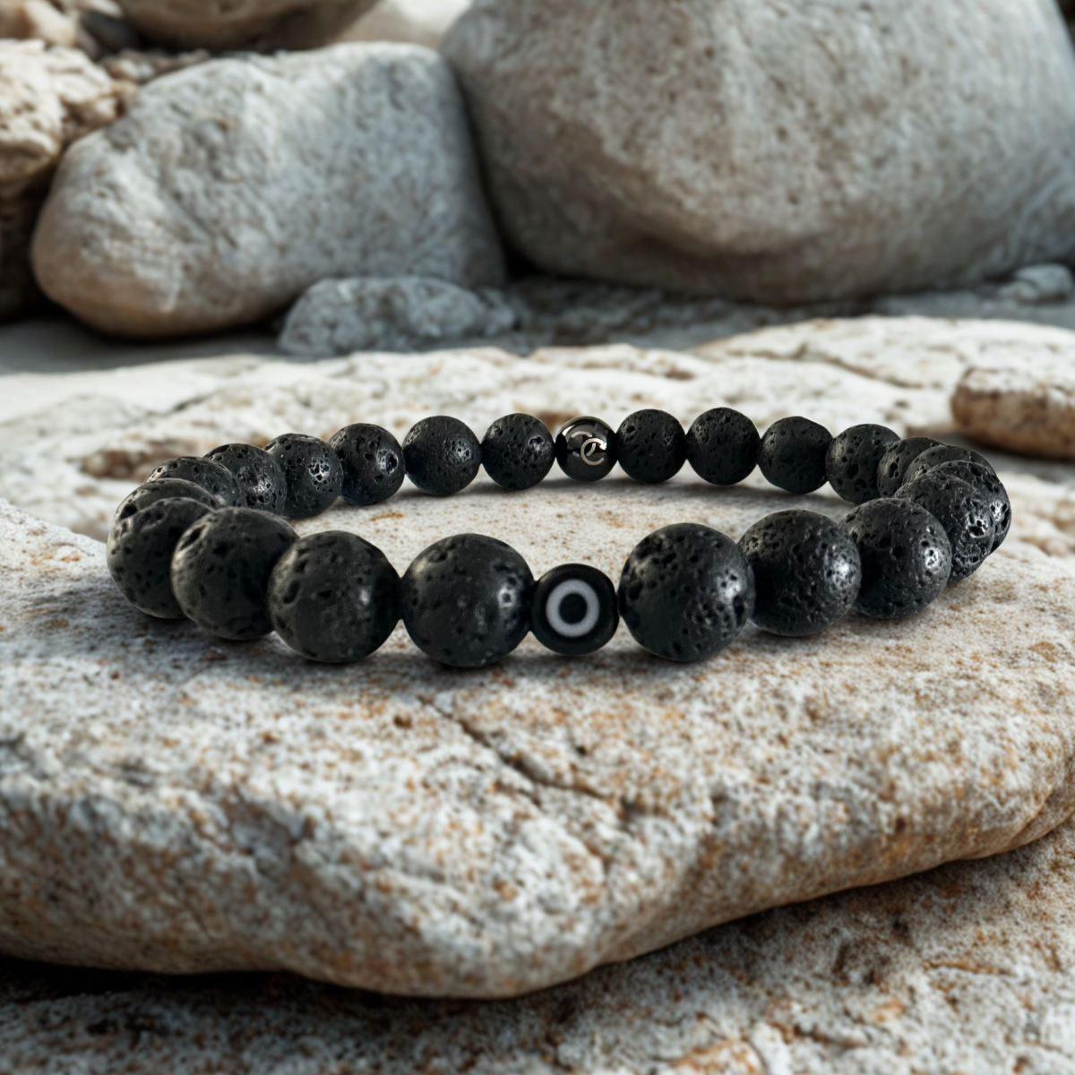 Men's Handmade Bracelet with Lava & Evil Eye
