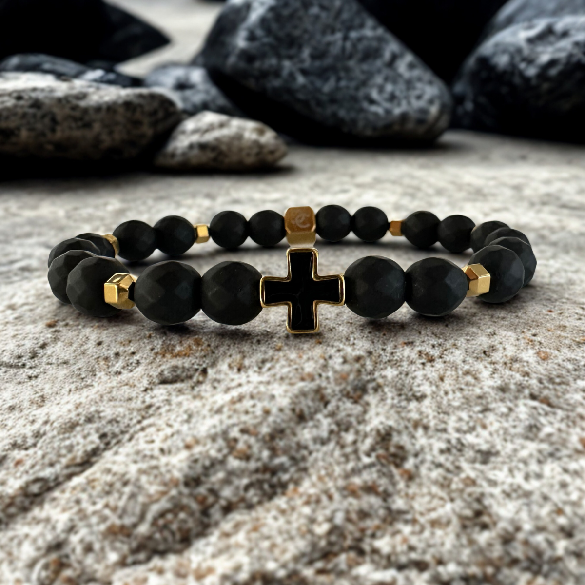 Men's Handmade Bracelet with Onyx and Steel Cross