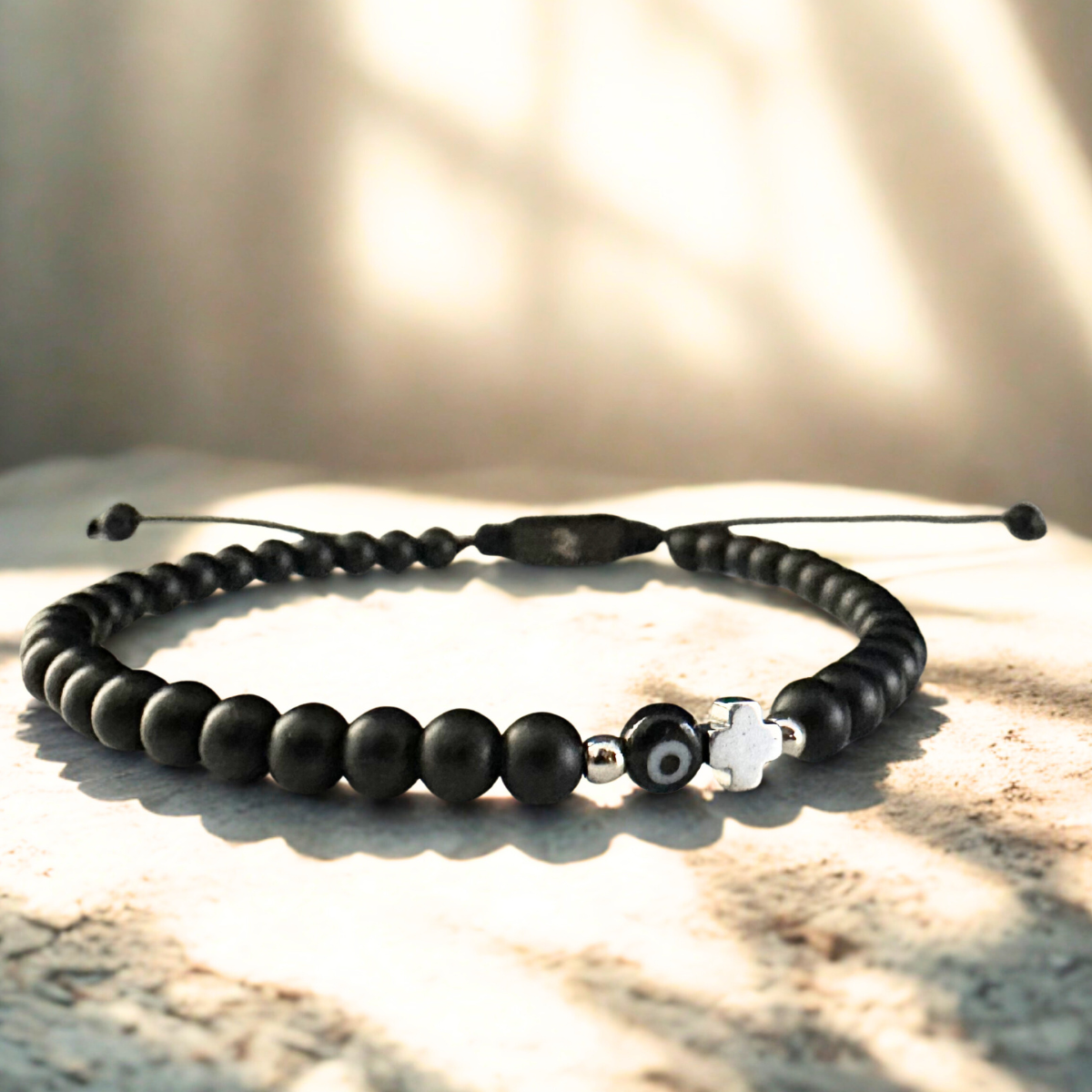 Men's Handmade Bracelet with Onyx, Hematite, Cross & Evil Eye.