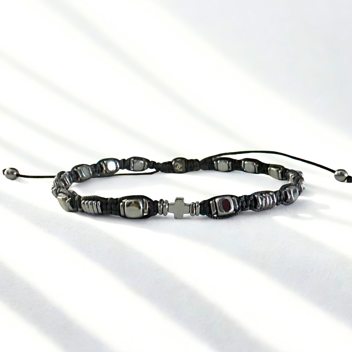 Men's Handmade Knitted Bracelet with Hematite & Cross
