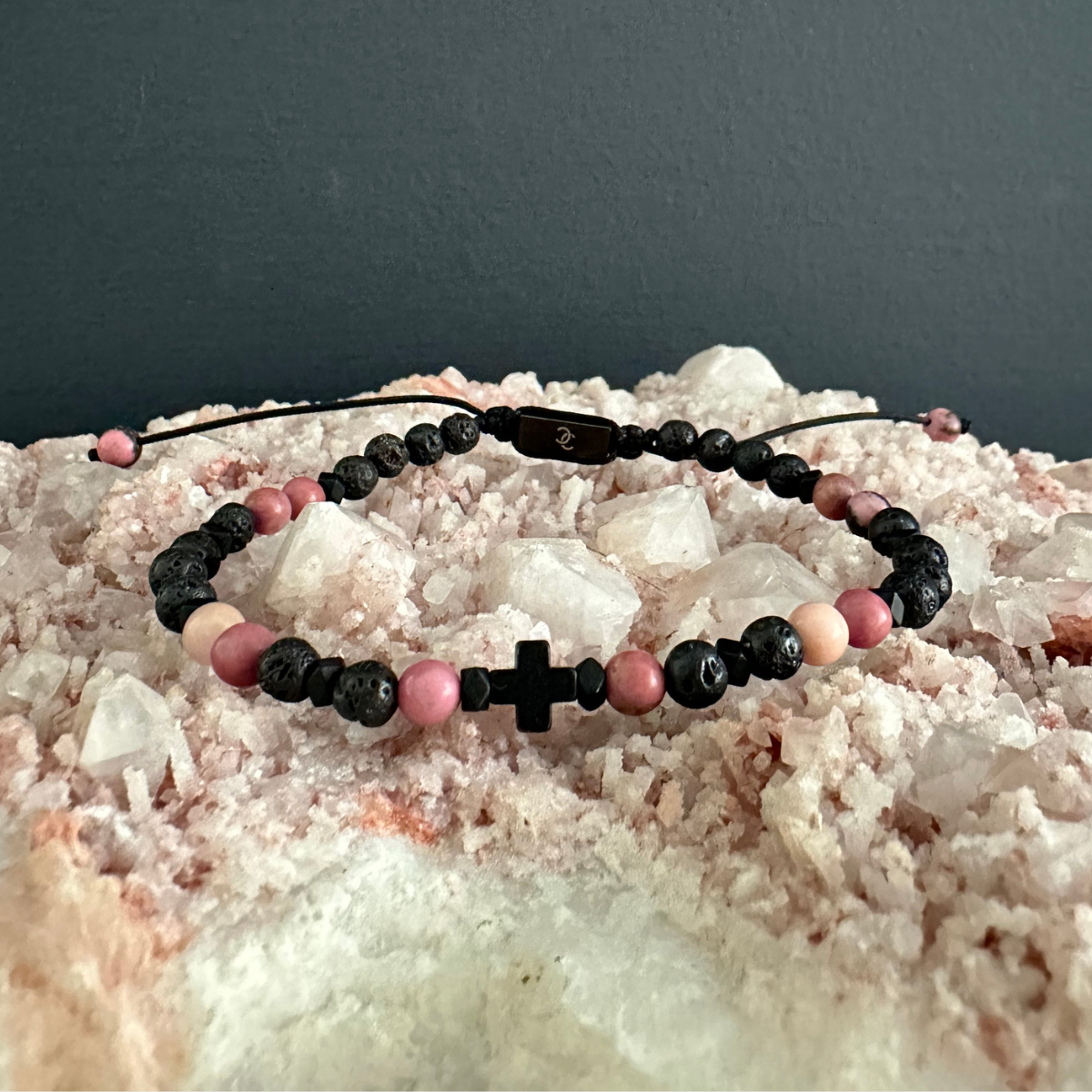 Men's Handmade Bracelet with Lava, Rodonite and Cross