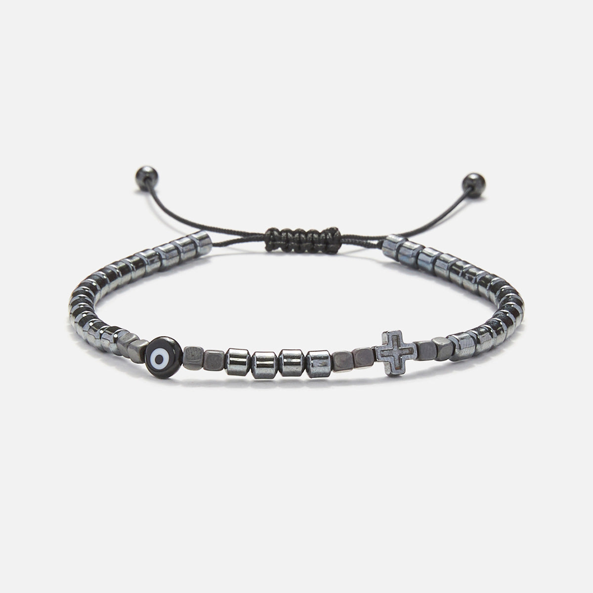 Handmade Hematite Bracelet for Men with Evil Eye & Cross