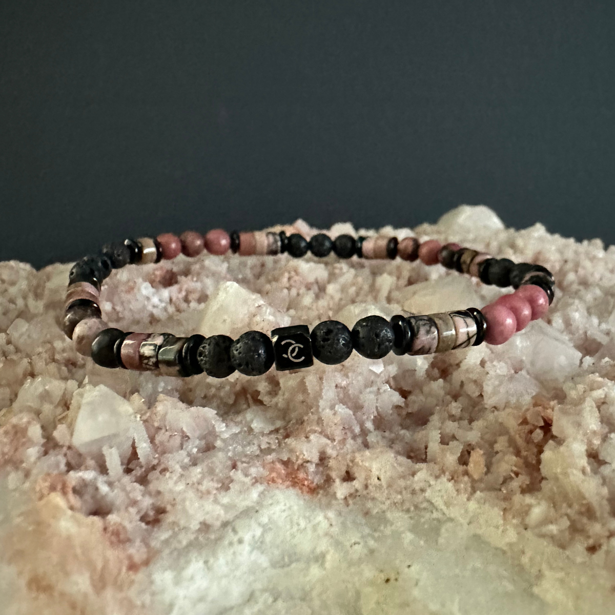 Men's Handmade Bracelet with Lava and Rodonite