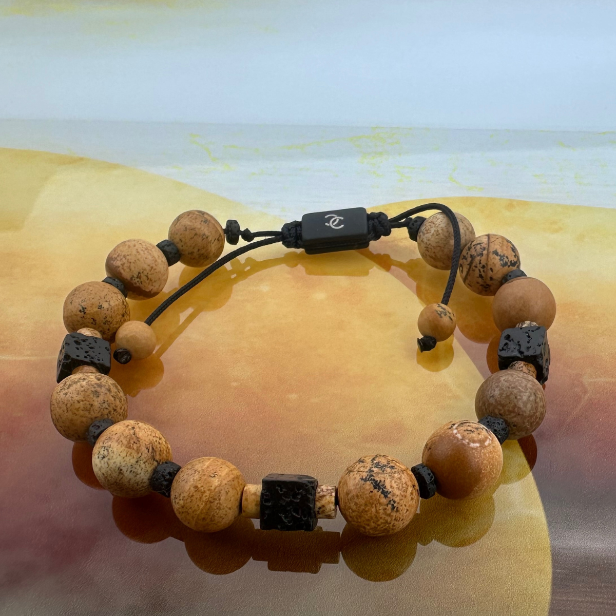 Handmade Bracelet For Men with Jasper and black square lava.